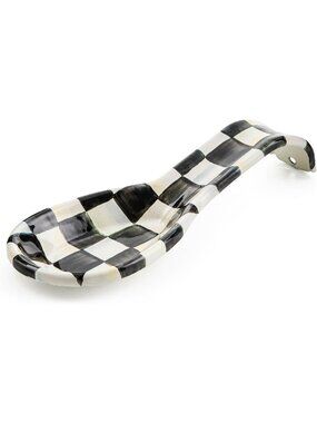 Stylish Enamel Spoon Rest - Black & White Checkered Design for Kitchen Decor